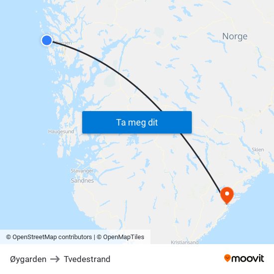 Øygarden to Tvedestrand map