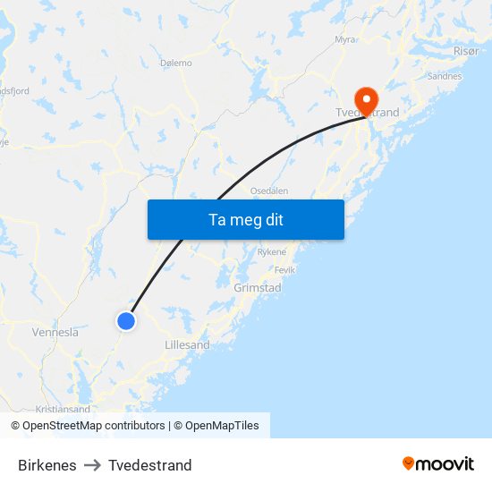 Birkenes to Tvedestrand map