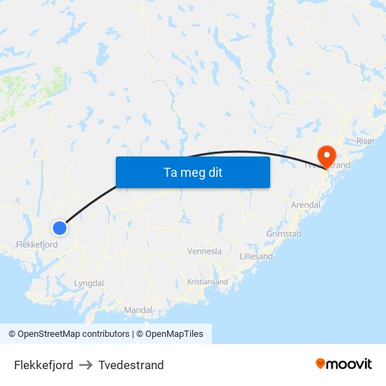 Flekkefjord to Tvedestrand map