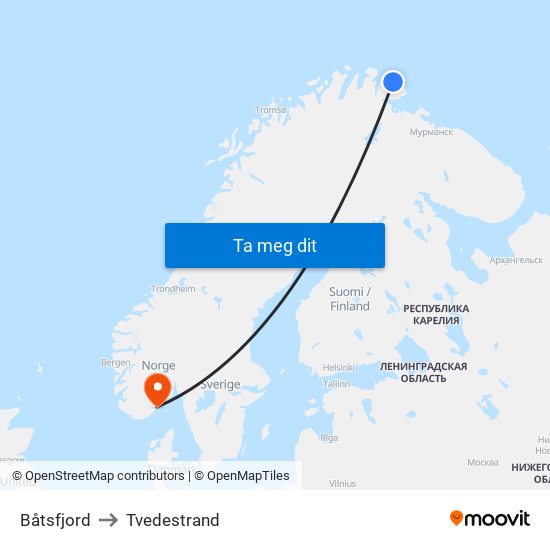 Båtsfjord to Tvedestrand map