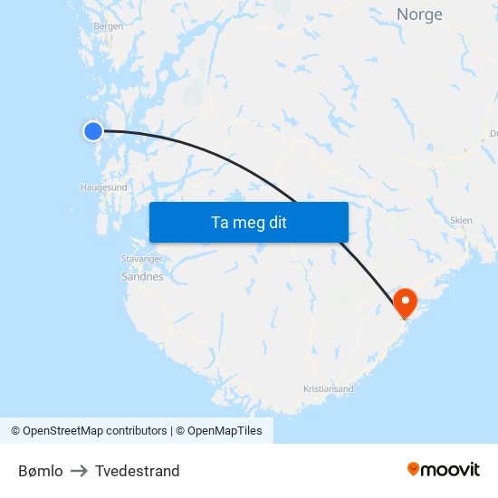 Bømlo to Tvedestrand map