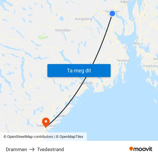 Drammen to Tvedestrand map