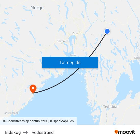 Eidskog to Tvedestrand map