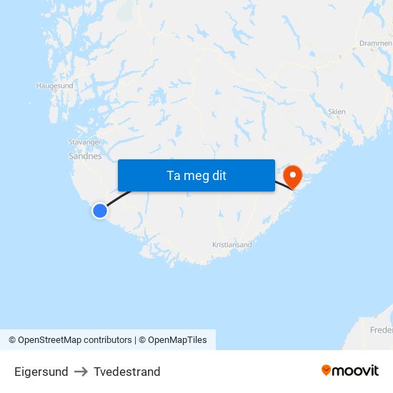 Eigersund to Tvedestrand map