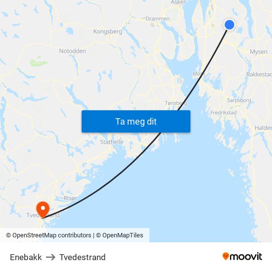 Enebakk to Tvedestrand map