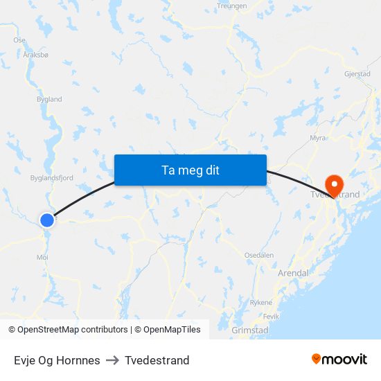 Evje Og Hornnes to Tvedestrand map