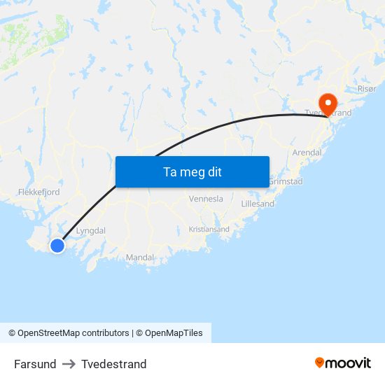 Farsund to Tvedestrand map