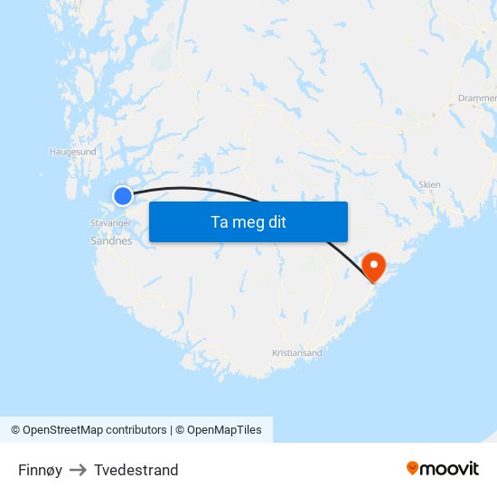 Finnøy to Tvedestrand map