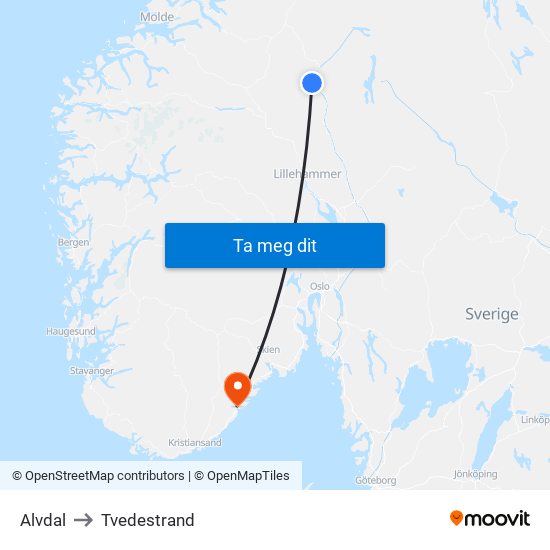 Alvdal to Tvedestrand map