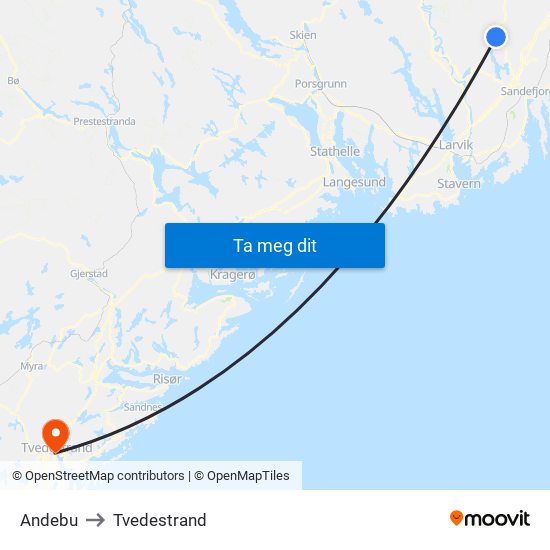 Andebu to Tvedestrand map