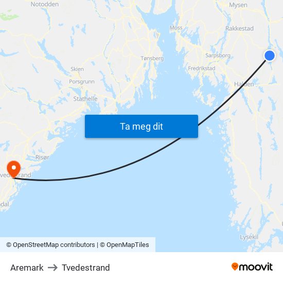 Aremark to Tvedestrand map