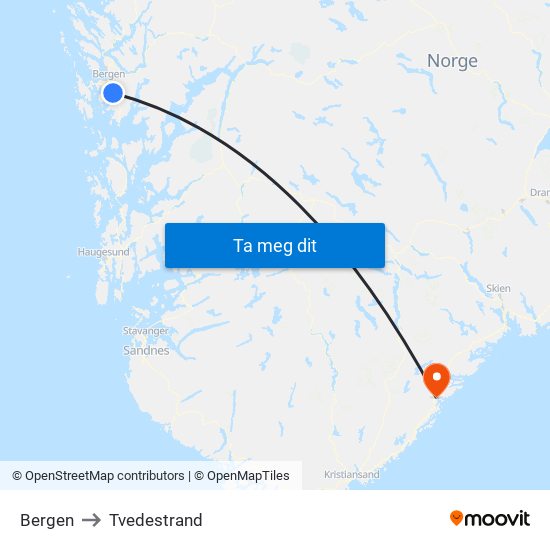 Bergen to Tvedestrand map