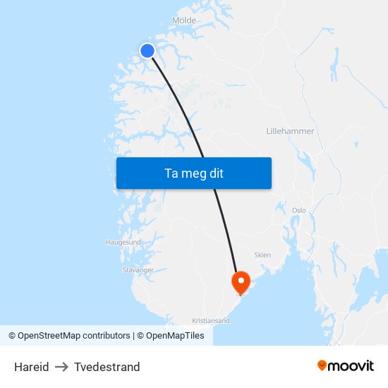 Hareid to Tvedestrand map