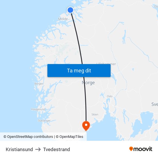 Kristiansund to Tvedestrand map