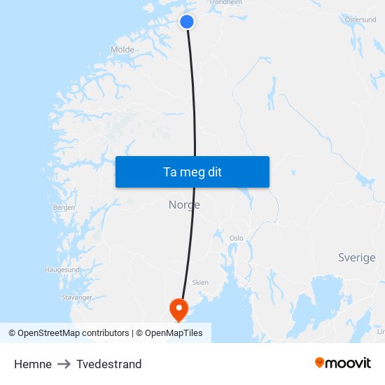 Hemne to Tvedestrand map