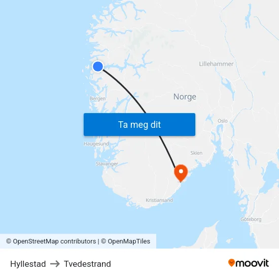 Hyllestad to Tvedestrand map