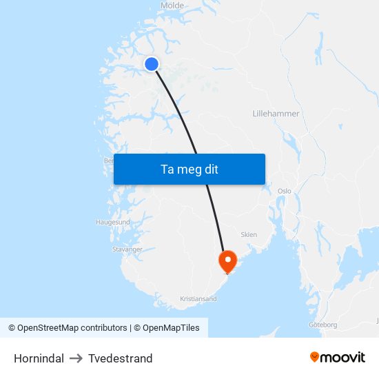 Hornindal to Tvedestrand map