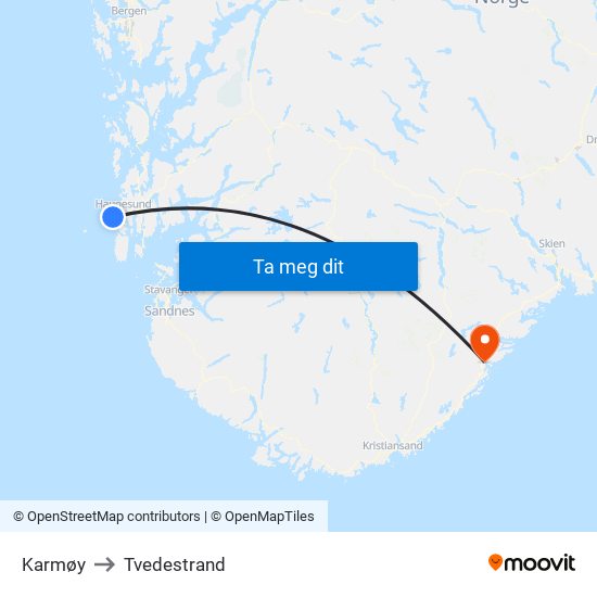 Karmøy to Tvedestrand map