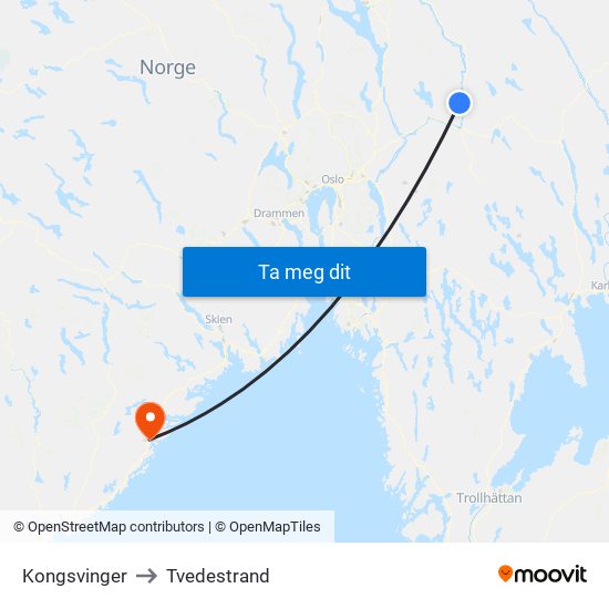 Kongsvinger to Tvedestrand map