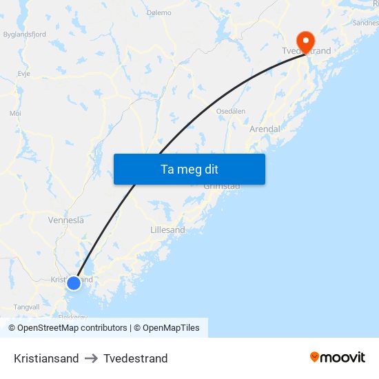 Kristiansand to Tvedestrand map