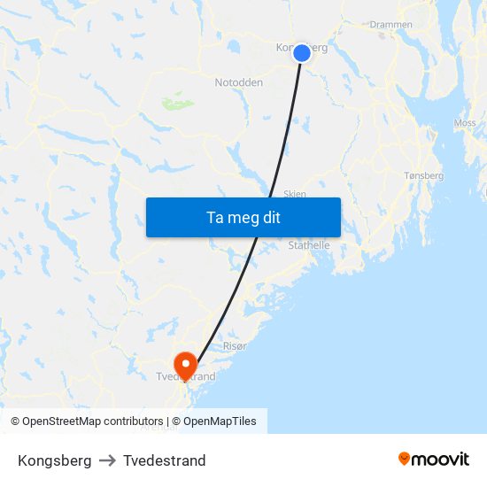 Kongsberg to Tvedestrand map
