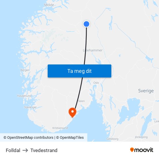 Folldal to Tvedestrand map