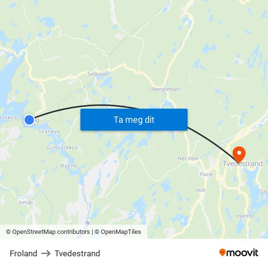 Froland to Tvedestrand map