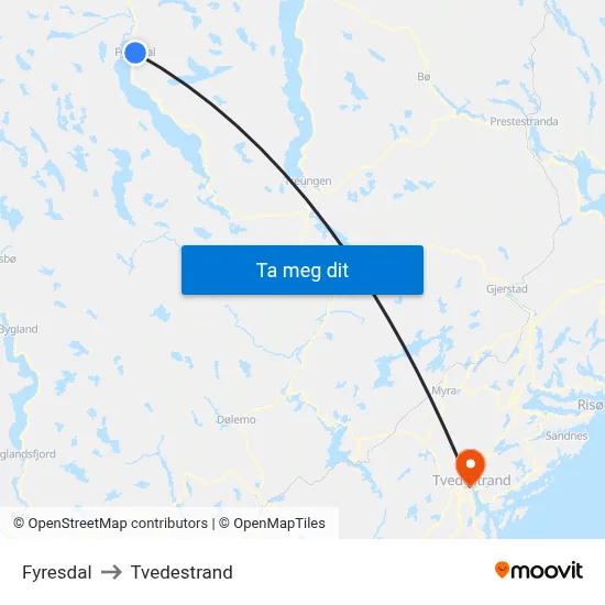 Fyresdal to Tvedestrand map