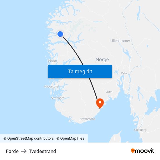 Førde to Tvedestrand map