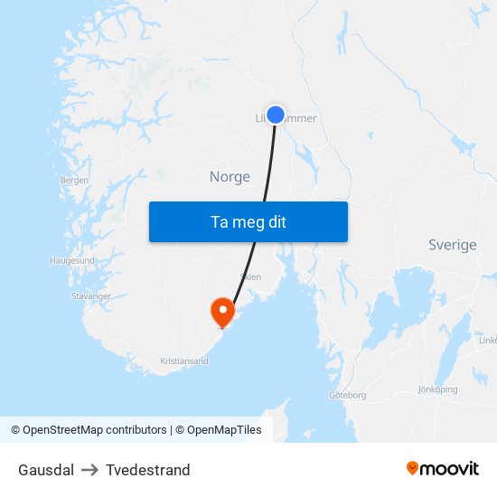 Gausdal to Tvedestrand map