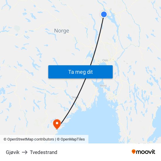 Gjøvik to Tvedestrand map