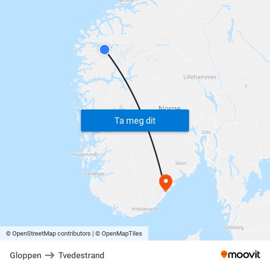 Gloppen to Tvedestrand map