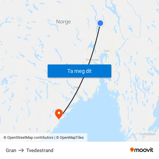 Gran to Tvedestrand map