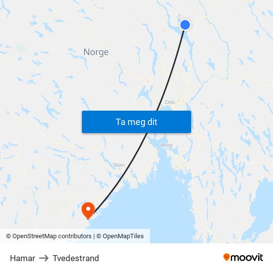 Hamar to Tvedestrand map