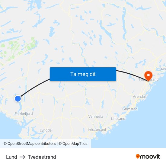 Lund to Tvedestrand map