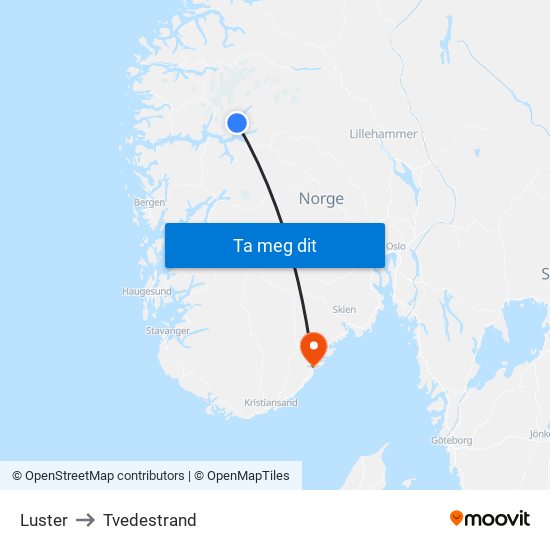 Luster to Tvedestrand map