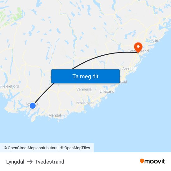 Lyngdal to Tvedestrand map