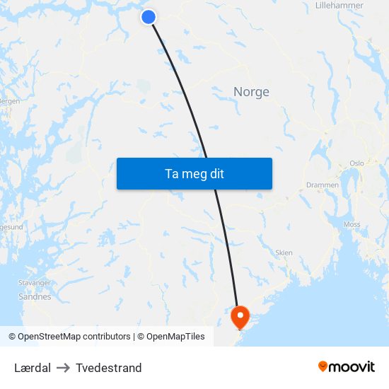 Lærdal to Tvedestrand map