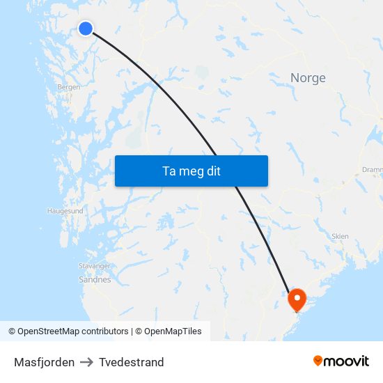 Masfjorden to Tvedestrand map