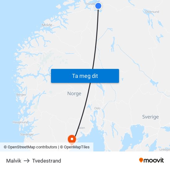Malvik to Tvedestrand map