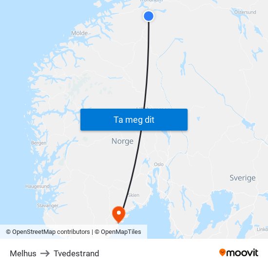 Melhus to Tvedestrand map