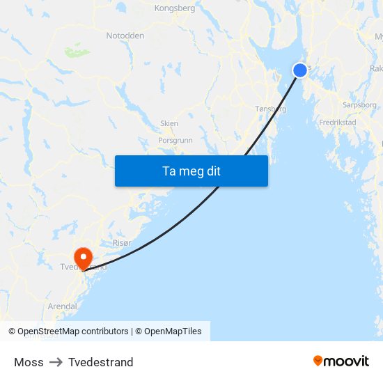 Moss to Tvedestrand map