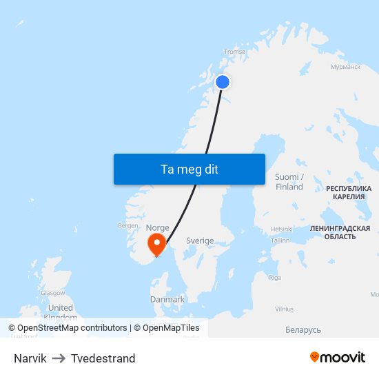 Narvik to Tvedestrand map