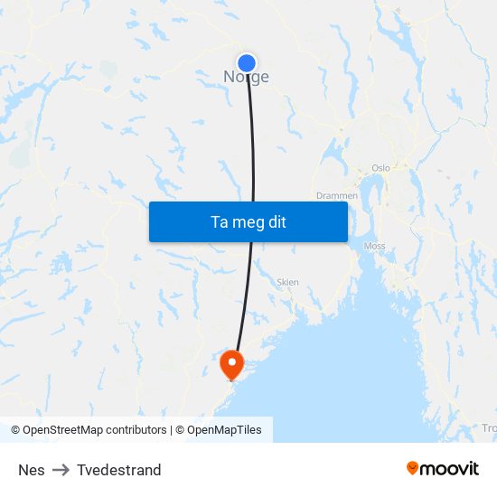 Nes to Tvedestrand map