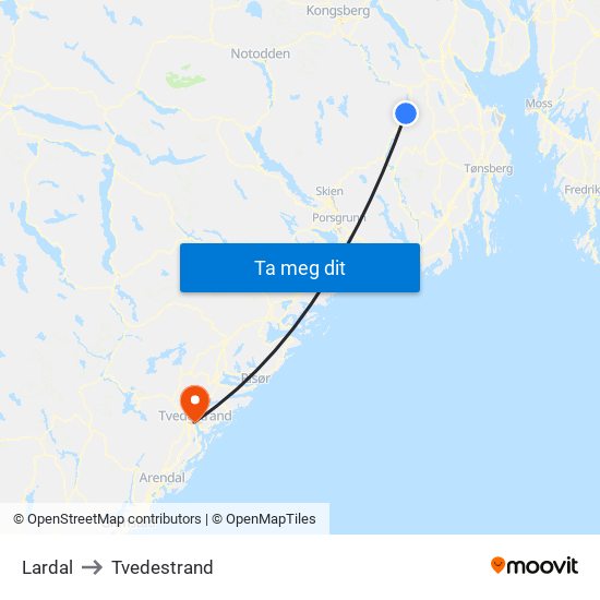 Lardal to Tvedestrand map