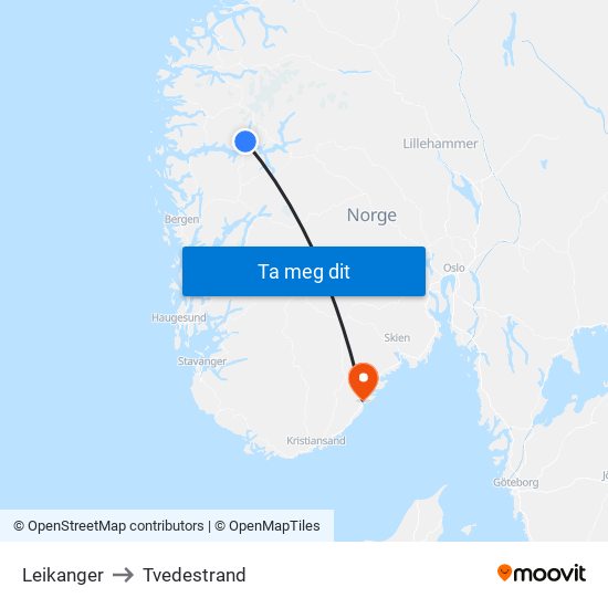 Leikanger to Tvedestrand map