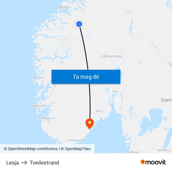 Lesja to Tvedestrand map