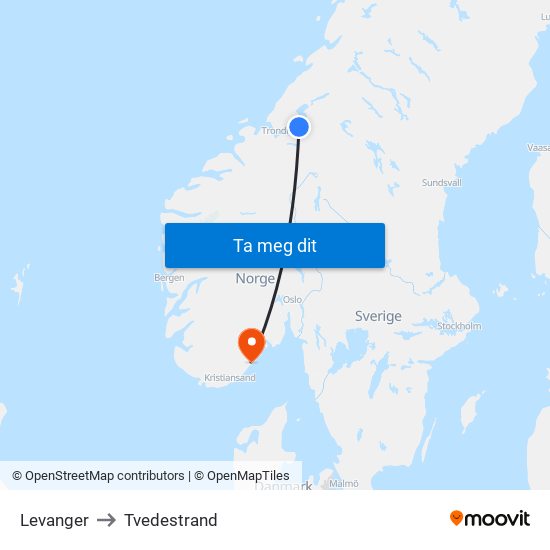 Levanger to Tvedestrand map