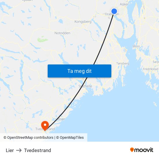 Lier to Tvedestrand map