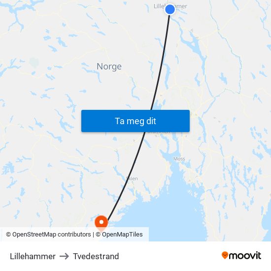 Lillehammer to Tvedestrand map